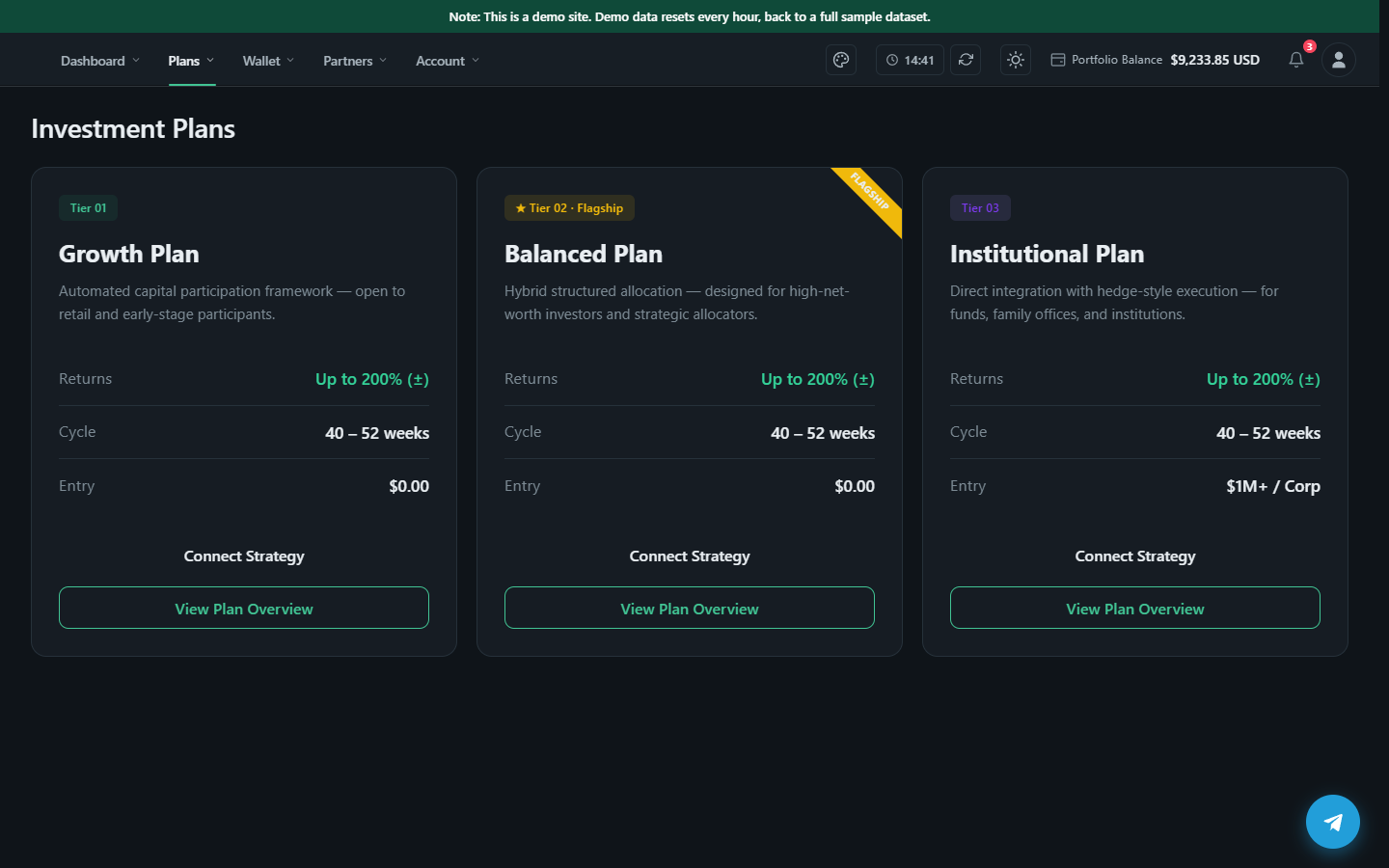 The investment plans page: live plan records showing rate, cycle, term and minimum amounts.