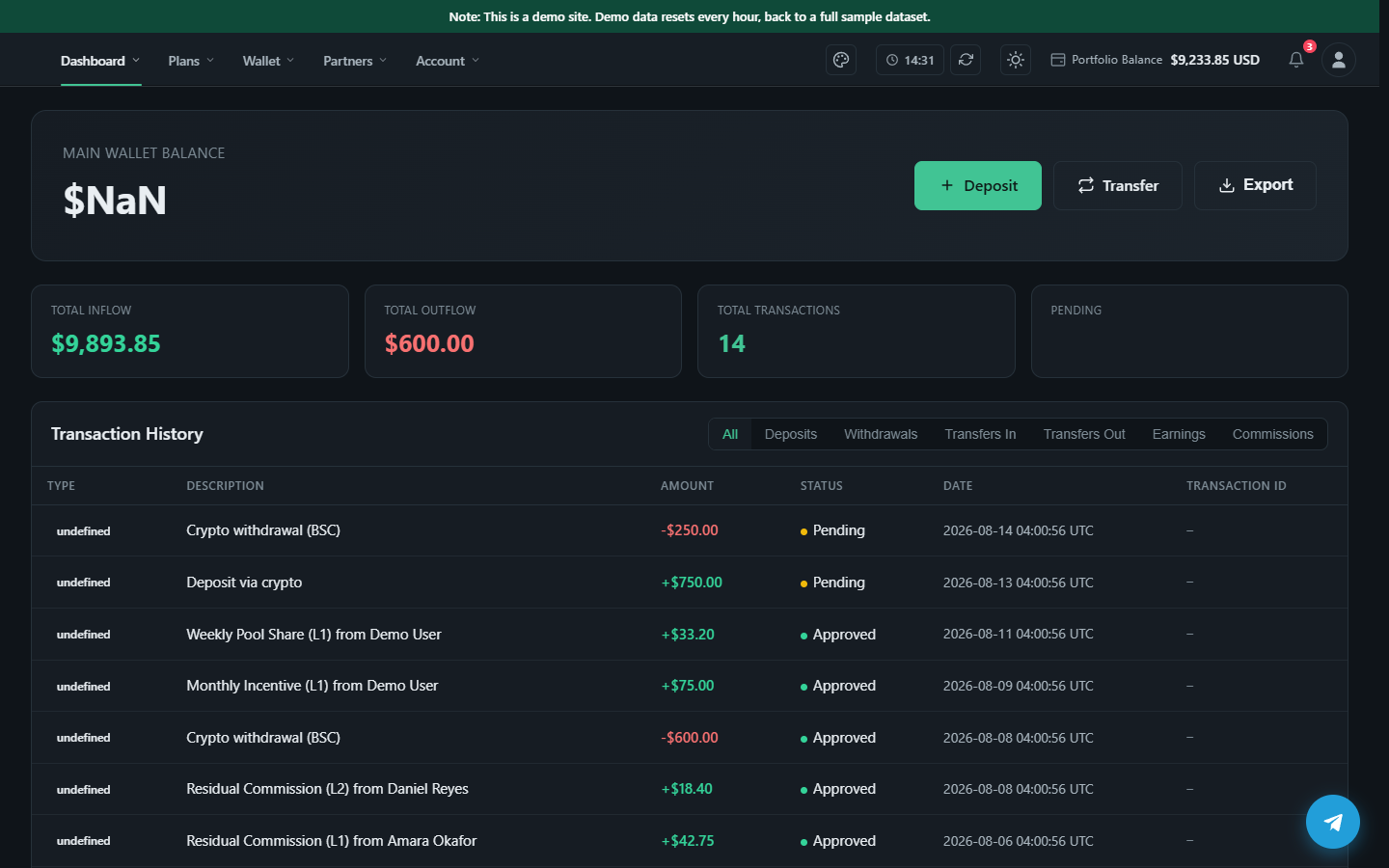 The member wallet page: main and commission balances with a transaction ledger.